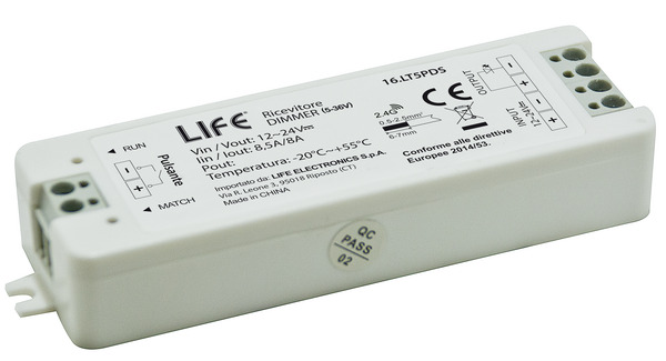 LIFE 16.LT5PDS Ricevitore Dimmer monocolore, da RF2,4GHz a 1CH*8A 12V(96W)/24V(192W) con pulsante cablato